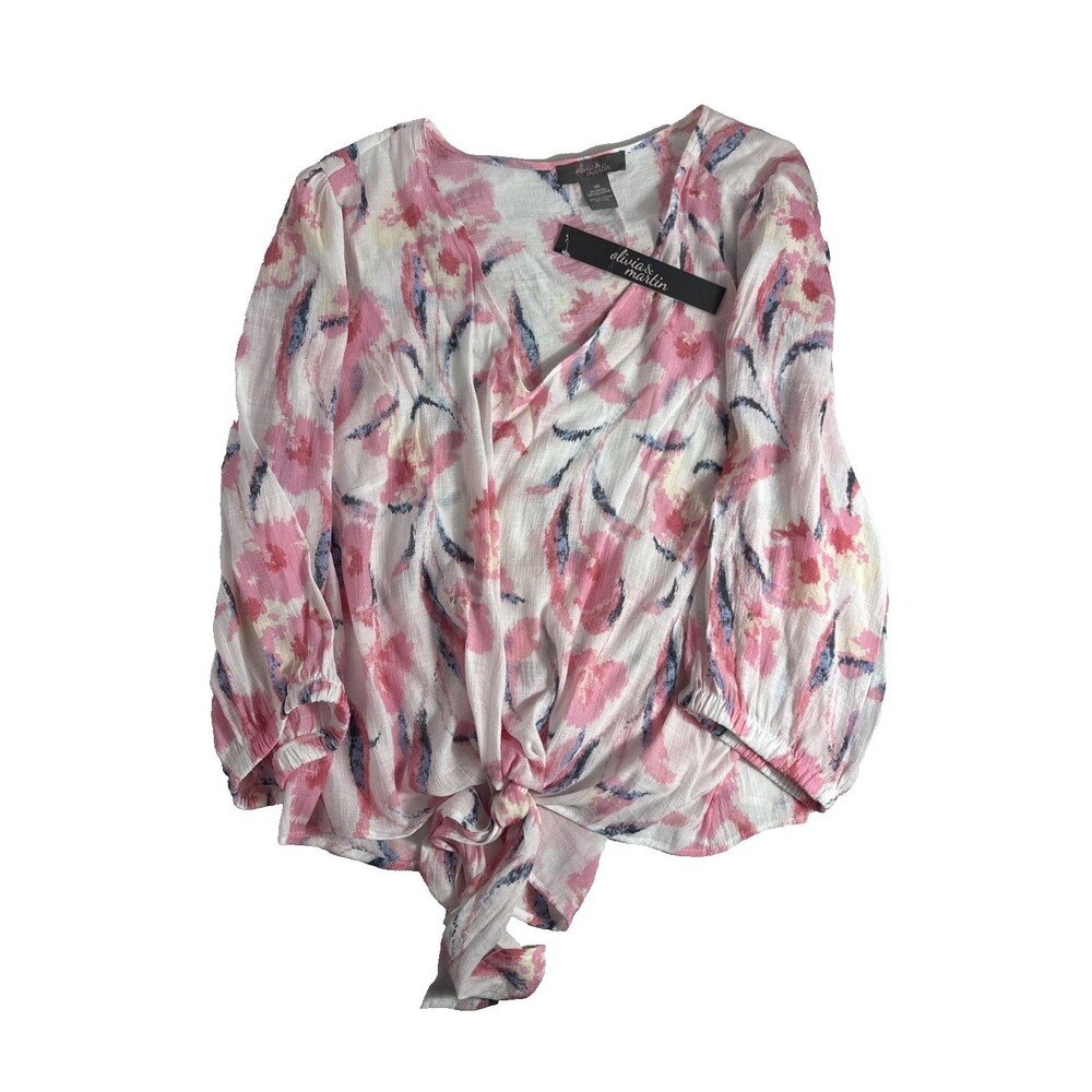 Olivia And Martin Tie Knot Blouse Women's Size 3X Pink Floral Lightweight New
